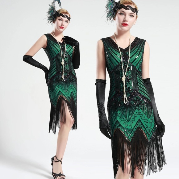 Black and Green glass beaded Fringe Flapper Dress - Picture 1 of 8